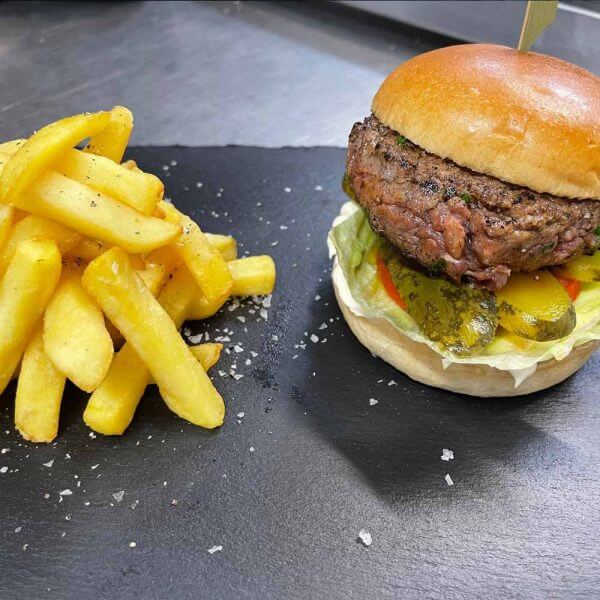 Home Made Learn Mince Beef Burger , Tomato Lettuce , Hand Cut Chips